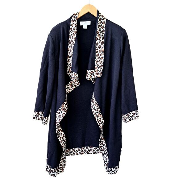 ST JOHN Knit Open Front Cardigan Jacket Dark Navy Leopard Trim Large Long - Picture 7 of 11